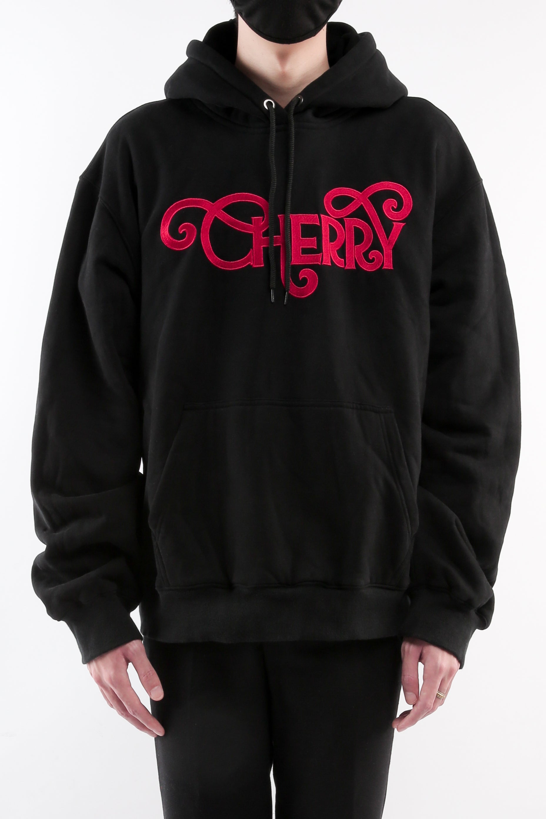 CHERRY DISCOTHEQUE - LOGO HOODIE IN ONYX BLACK WITH RED EMBROIDERY